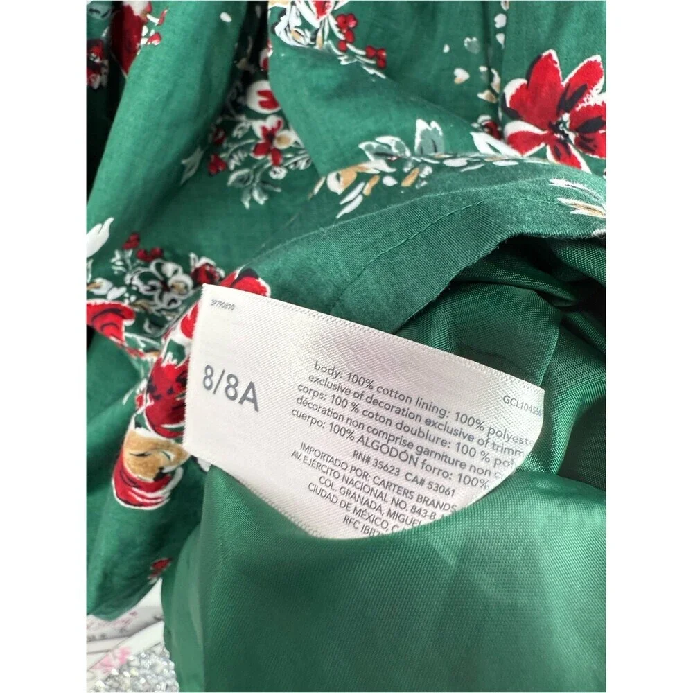 Carter's dress Green Floral Sleeveless Party Dress with Red and Cream Accents